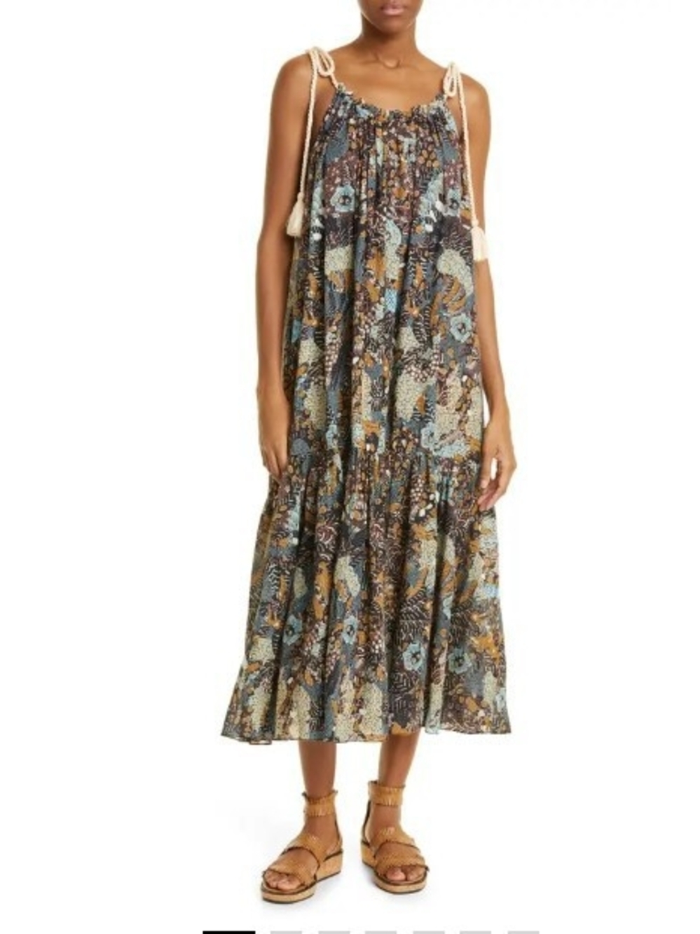 Ulla Johnson Blue and Brown Floral Tiered Cari Cover Up Maxi Boho Dress